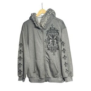 Romwe Gray Fleur De Lis Faux Fur Trim Zip Up Hoodie Y2K Gothic Sweatshirt L